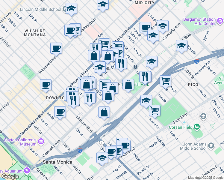 map of restaurants, bars, coffee shops, grocery stores, and more near 1240 Colorado Avenue in Santa Monica