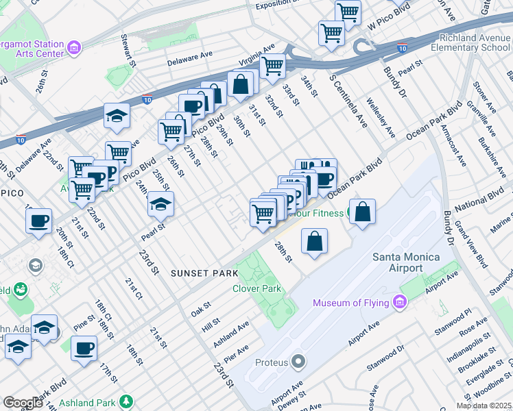 map of restaurants, bars, coffee shops, grocery stores, and more near 2601 28th Street in Santa Monica
