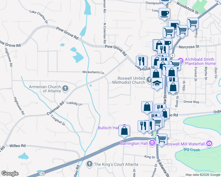 map of restaurants, bars, coffee shops, grocery stores, and more near 100 Roswell Farms Court in Roswell