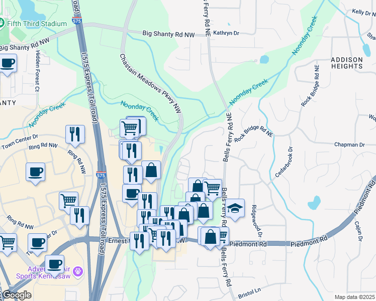 map of restaurants, bars, coffee shops, grocery stores, and more near 2713 Prado Lane in Marietta