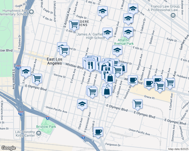 map of restaurants, bars, coffee shops, grocery stores, and more near 925 South Vancouver Avenue in Los Angeles