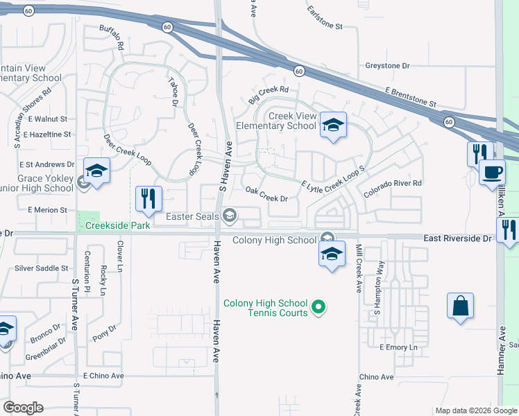 map of restaurants, bars, coffee shops, grocery stores, and more near 3725 Strawberry Creek Place in Ontario