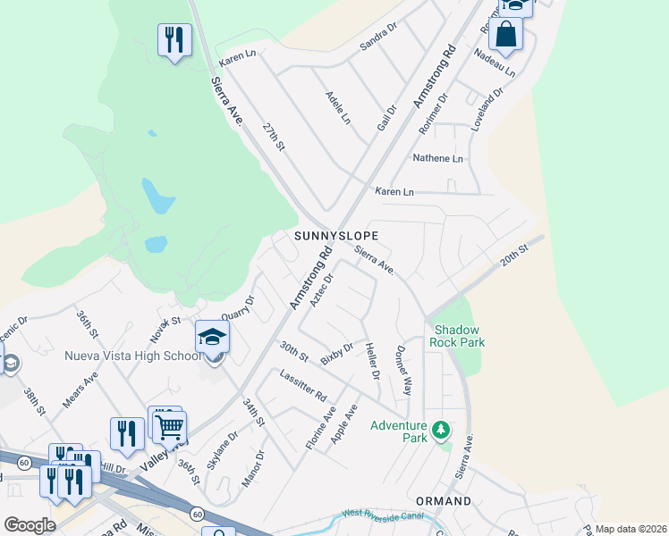 map of restaurants, bars, coffee shops, grocery stores, and more near 6721 Zuma Place in Riverside