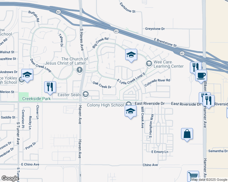 map of restaurants, bars, coffee shops, grocery stores, and more near 3669A Country Oaks Loop in Ontario