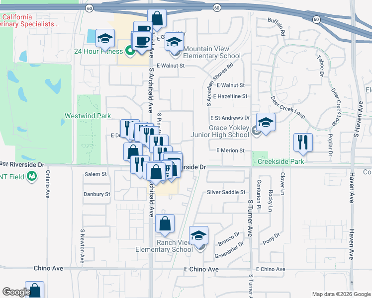 map of restaurants, bars, coffee shops, grocery stores, and more near 2941 South Desert Forest Avenue in Ontario