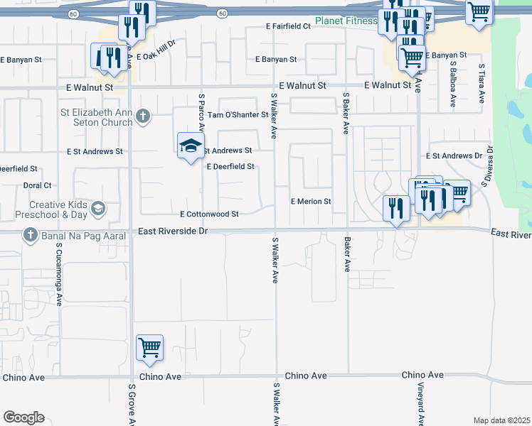 map of restaurants, bars, coffee shops, grocery stores, and more near 2939 South Walker Avenue in Ontario