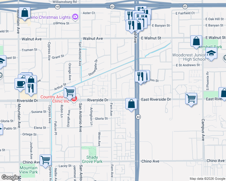 map of restaurants, bars, coffee shops, grocery stores, and more near 2958 South Via Belamaria in Ontario