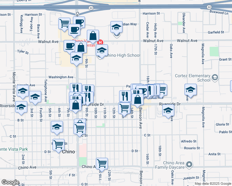 map of restaurants, bars, coffee shops, grocery stores, and more near 12849 12th Street in Chino