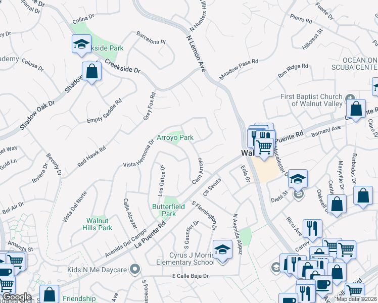 map of restaurants, bars, coffee shops, grocery stores, and more near 19771 Los Pinos Drive in Walnut