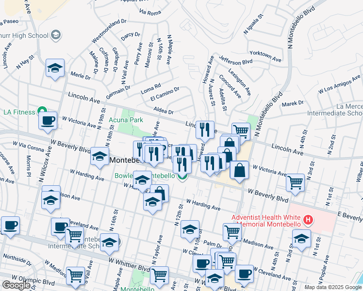 map of restaurants, bars, coffee shops, grocery stores, and more near 545 North Taylor Avenue in Montebello