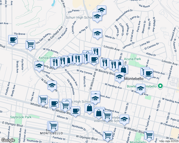 map of restaurants, bars, coffee shops, grocery stores, and more near 417 North Wilcox Avenue in Montebello