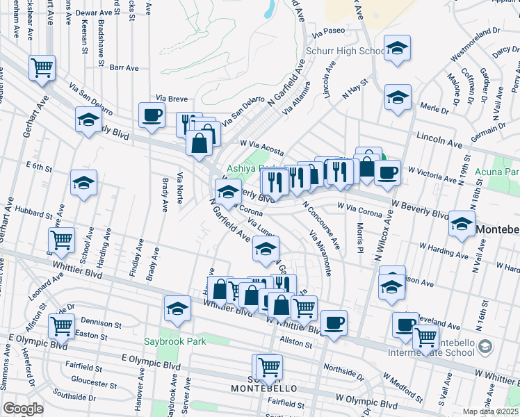 map of restaurants, bars, coffee shops, grocery stores, and more near 2557 West Via Corona in Montebello