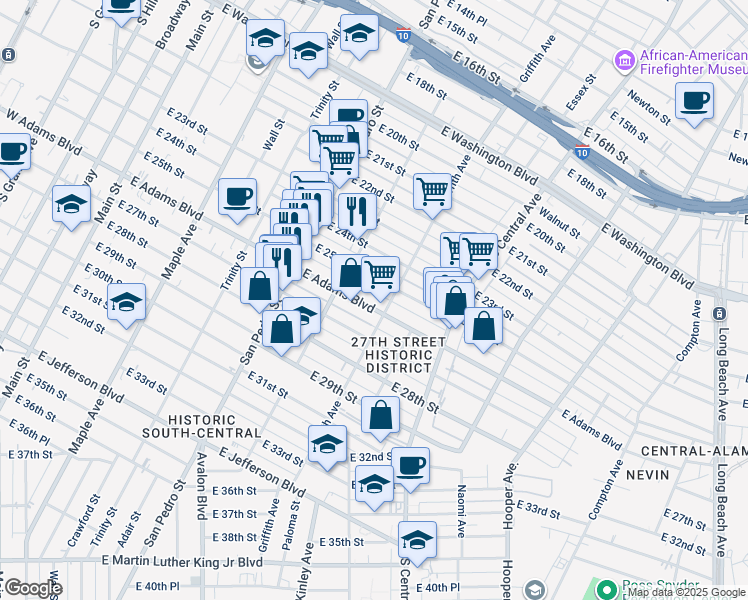 map of restaurants, bars, coffee shops, grocery stores, and more near 836 East Adams Boulevard in Los Angeles