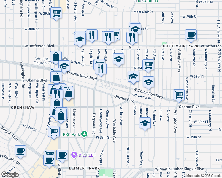 map of restaurants, bars, coffee shops, grocery stores, and more near 2901 Obama Boulevard in Los Angeles