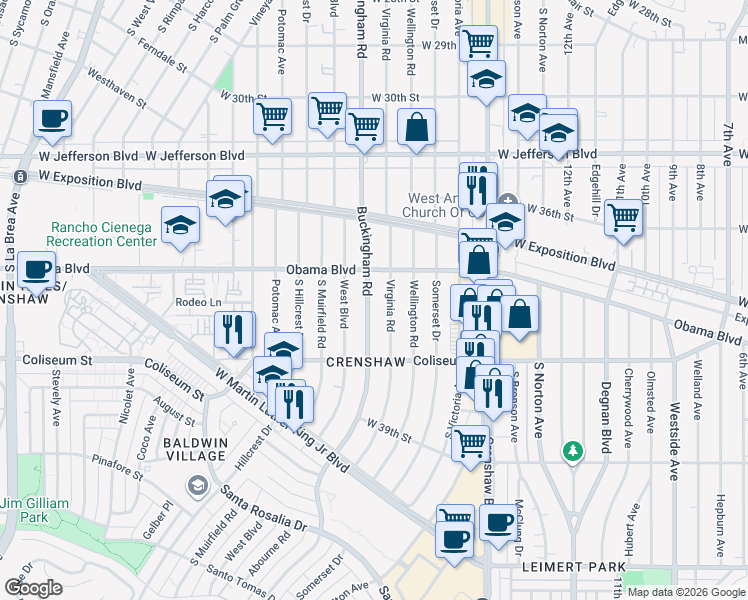 map of restaurants, bars, coffee shops, grocery stores, and more near 3699 Virginia Road in Los Angeles