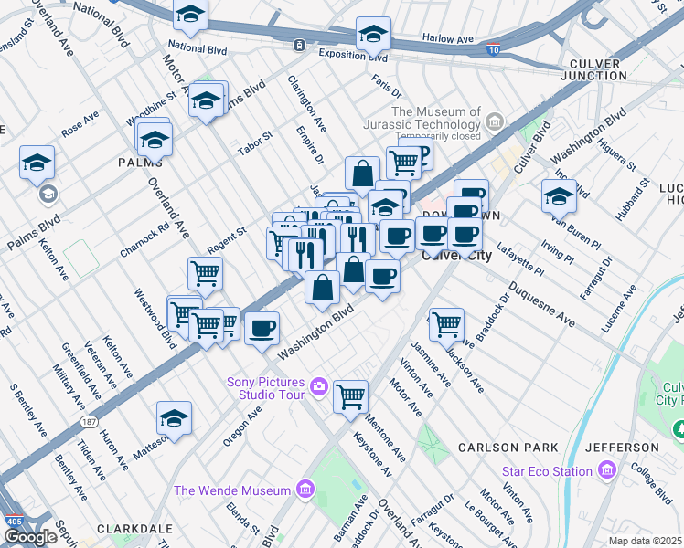 map of restaurants, bars, coffee shops, grocery stores, and more near 3836 Goldwyn Terrace in Culver City