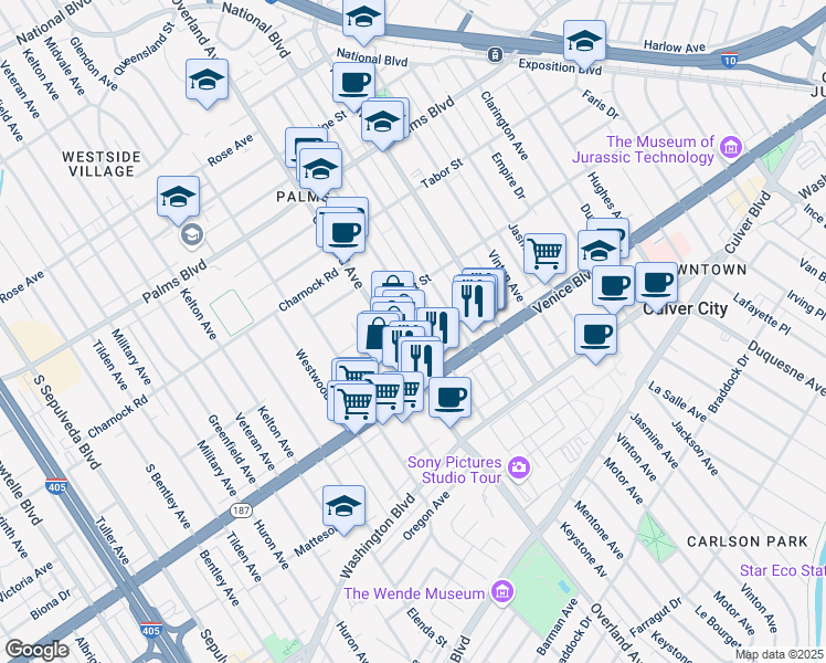 map of restaurants, bars, coffee shops, grocery stores, and more near 3761 Keystone Avenue in Los Angeles