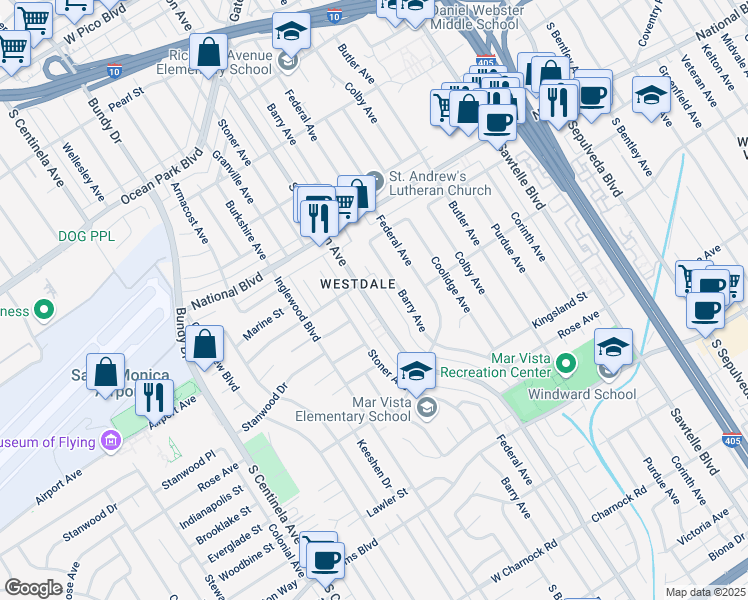 map of restaurants, bars, coffee shops, grocery stores, and more near 3159 South Barrington Avenue in Los Angeles