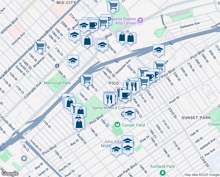 map of restaurants, bars, coffee shops, grocery stores, and more near 1933 18th Street in Santa Monica