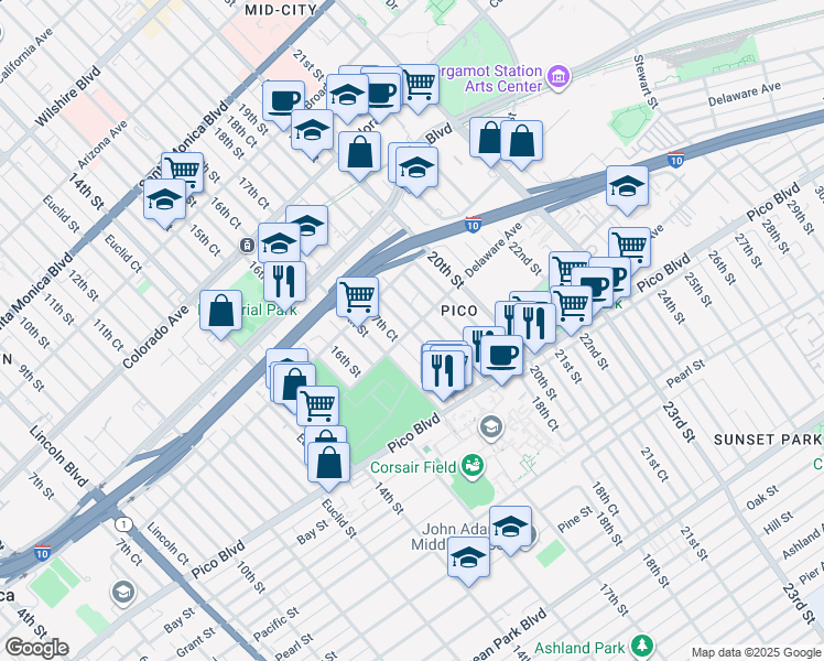 map of restaurants, bars, coffee shops, grocery stores, and more near 1123 17th Court in Santa Monica