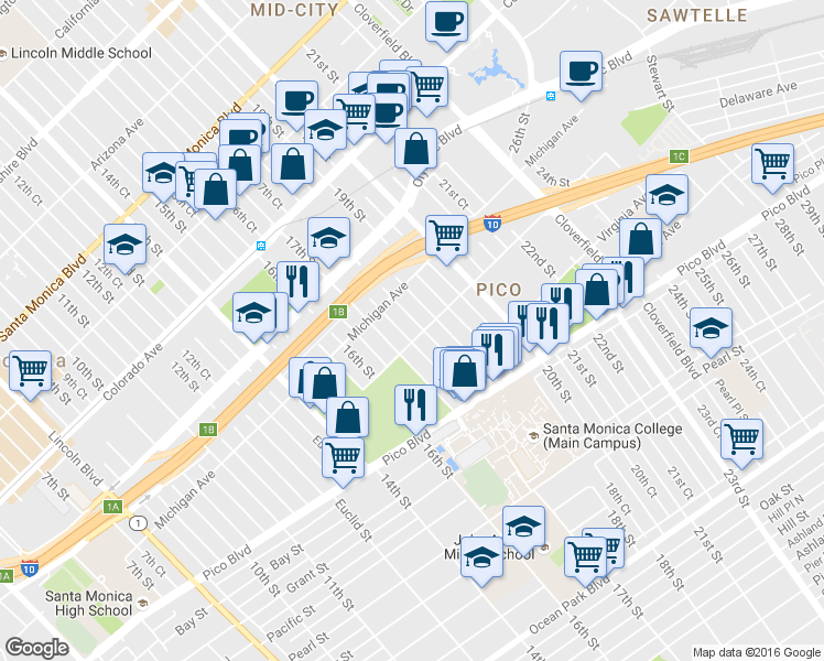 map of restaurants, bars, coffee shops, grocery stores, and more near 1123 17th Court in Santa Monica