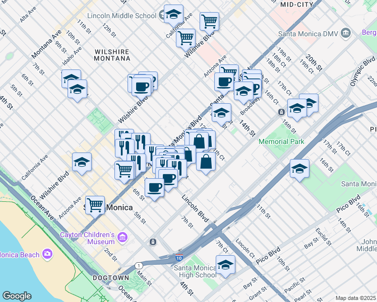 map of restaurants, bars, coffee shops, grocery stores, and more near 1445 10th Street in Santa Monica