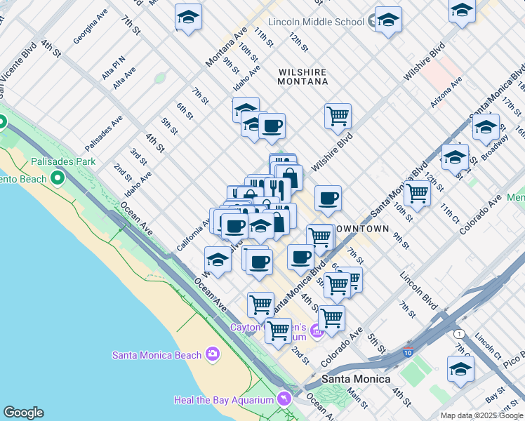 map of restaurants, bars, coffee shops, grocery stores, and more near in Santa Monica