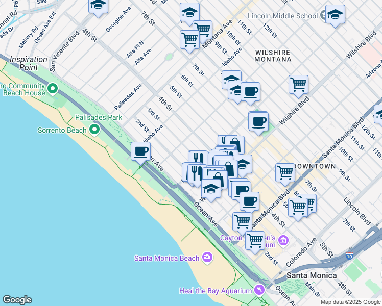 map of restaurants, bars, coffee shops, grocery stores, and more near 1044 3rd Street in Santa Monica