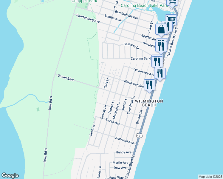 map of restaurants, bars, coffee shops, grocery stores, and more near 707 Ocean Boulevard in Carolina Beach