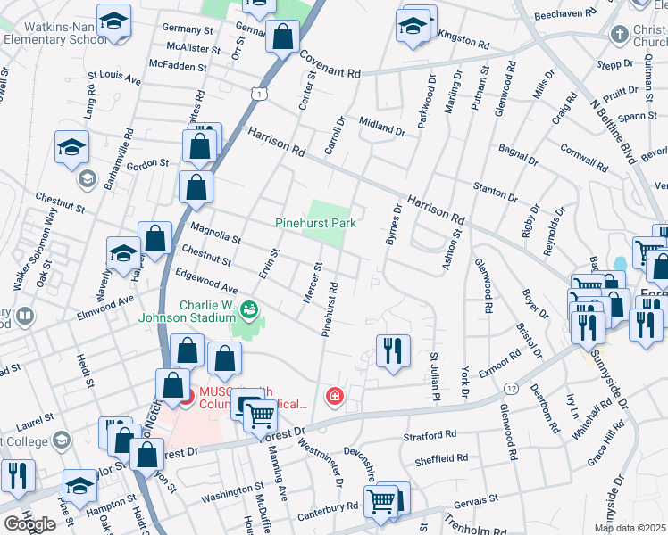 map of restaurants, bars, coffee shops, grocery stores, and more near 2228 Pinehurst Road in Columbia