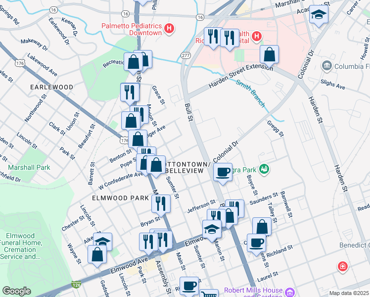 map of restaurants, bars, coffee shops, grocery stores, and more near 1430 Confederate Avenue in Columbia
