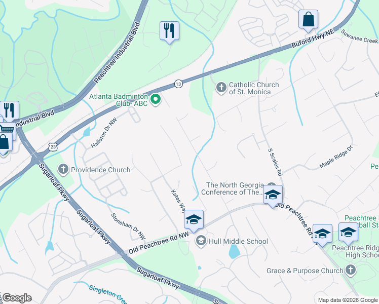 map of restaurants, bars, coffee shops, grocery stores, and more near 3440 Highgate Hills Drive Northwest in Duluth