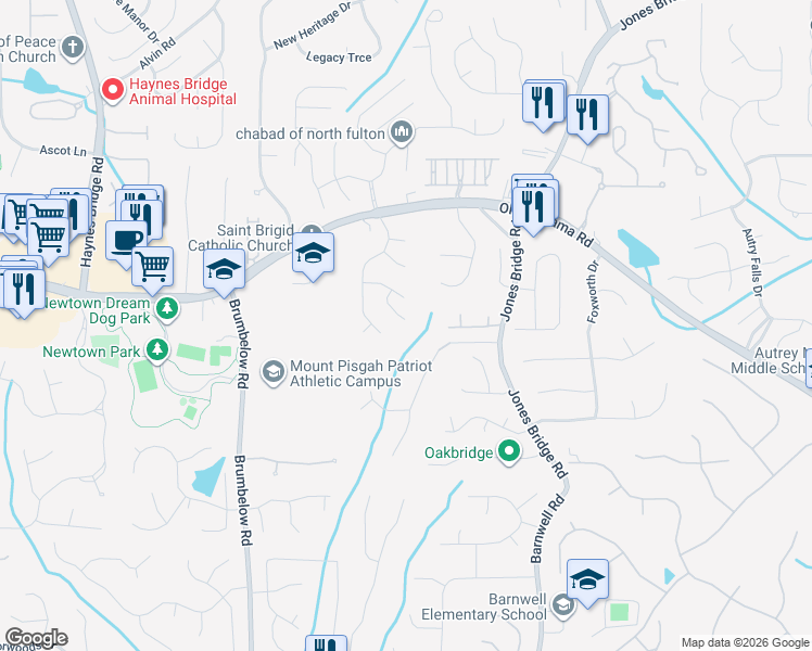 map of restaurants, bars, coffee shops, grocery stores, and more near 675 South Preston Court in Alpharetta