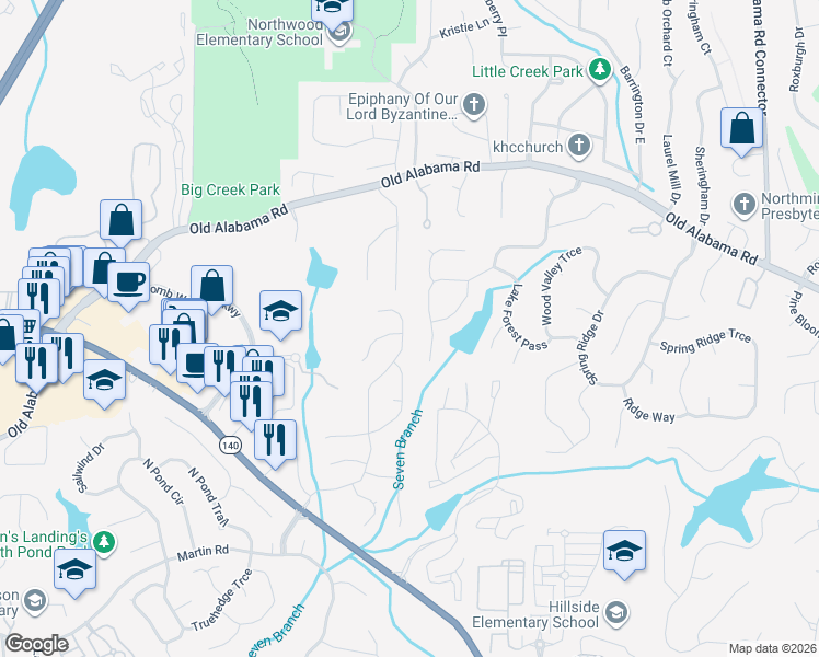 map of restaurants, bars, coffee shops, grocery stores, and more near 9790 Lake Forest Way in Roswell