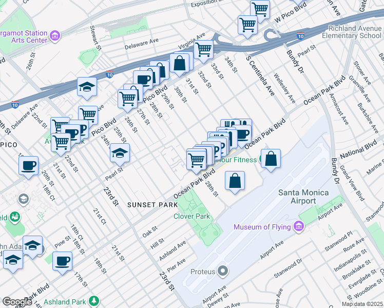 map of restaurants, bars, coffee shops, grocery stores, and more near 2615 28th Street in Santa Monica