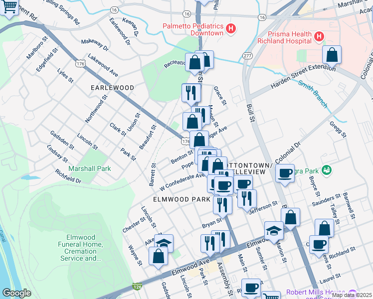 map of restaurants, bars, coffee shops, grocery stores, and more near 2617 River Drive in Columbia