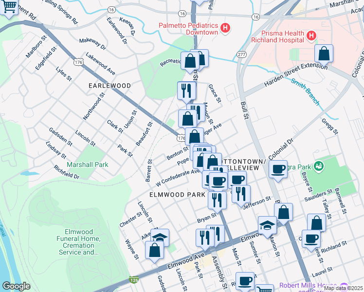 map of restaurants, bars, coffee shops, grocery stores, and more near 2617 River Drive in Columbia