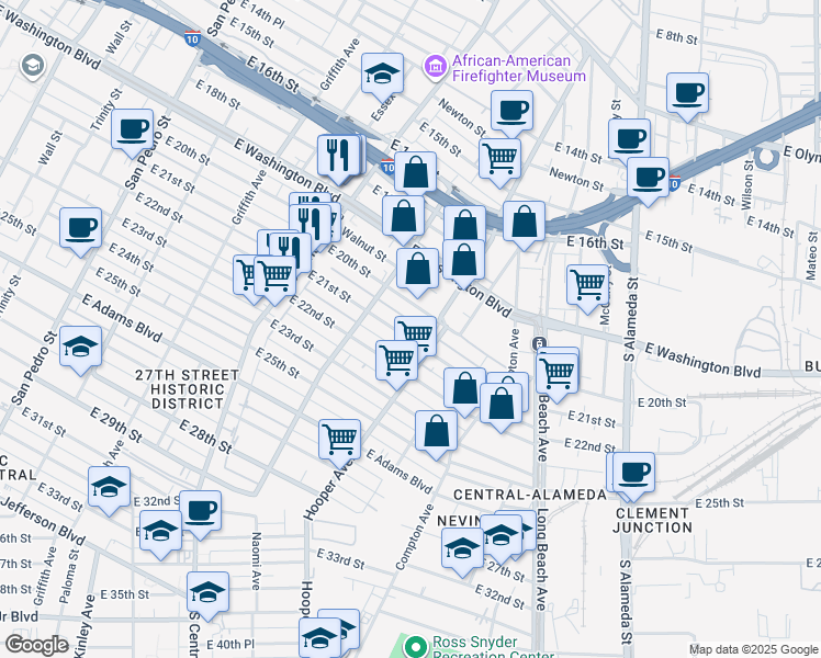 map of restaurants, bars, coffee shops, grocery stores, and more near 1451 East 21st Street in Los Angeles