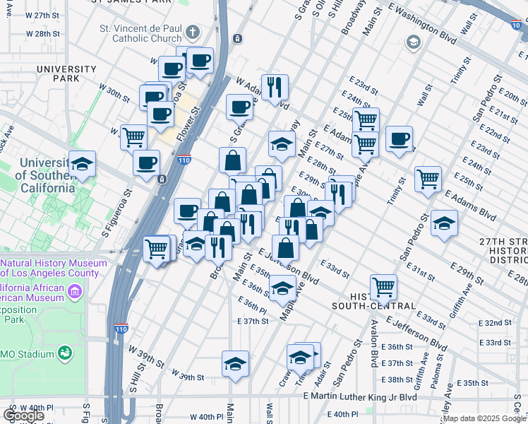 map of restaurants, bars, coffee shops, grocery stores, and more near 3201 South Main Street in Los Angeles