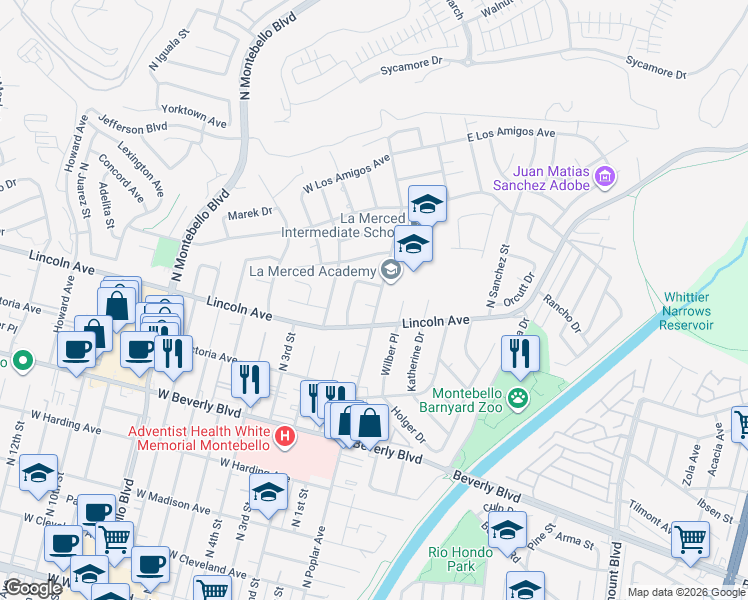map of restaurants, bars, coffee shops, grocery stores, and more near 117 Dochan Circle in Montebello