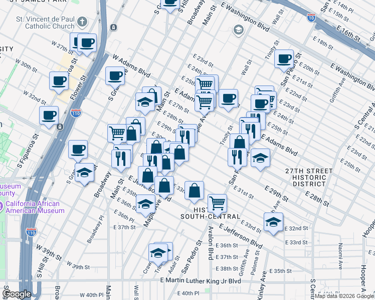 map of restaurants, bars, coffee shops, grocery stores, and more near 2922 Maple Avenue in Los Angeles