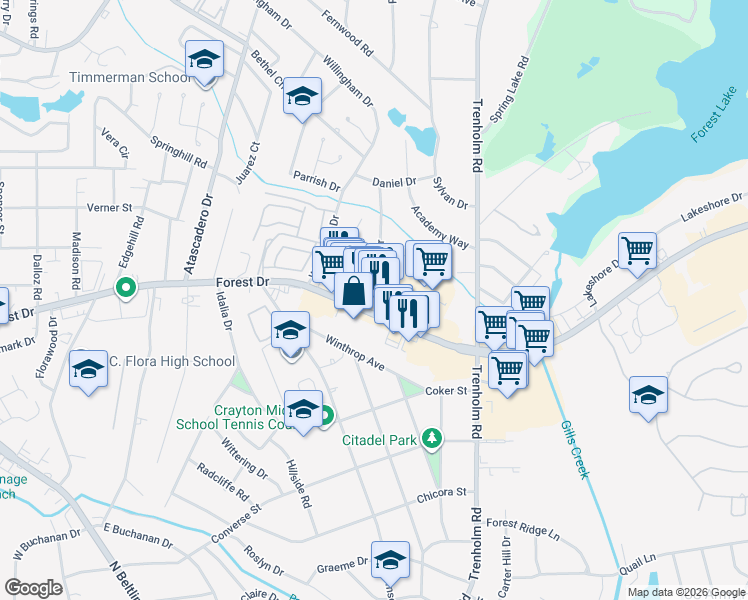 map of restaurants, bars, coffee shops, grocery stores, and more near 4600 Forest Drive in Columbia