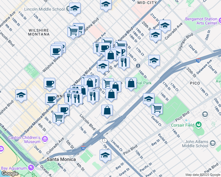 map of restaurants, bars, coffee shops, grocery stores, and more near 1560 12th Street in Santa Monica