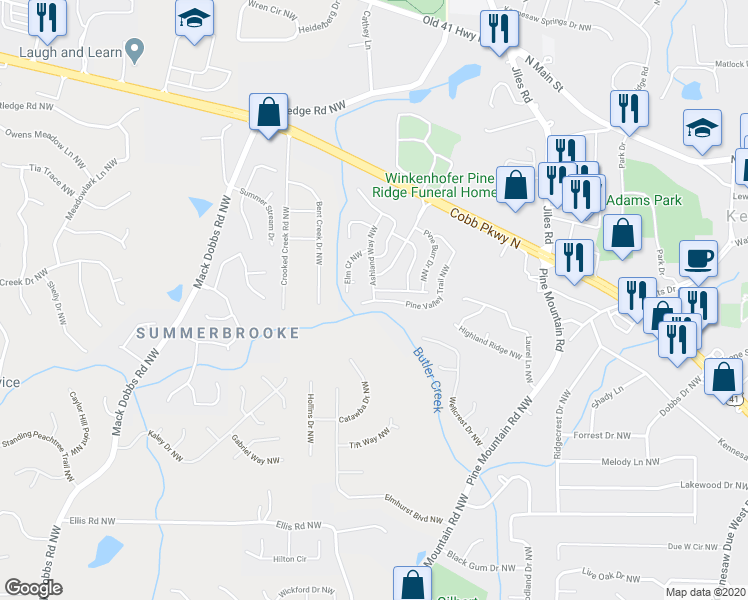 map of restaurants, bars, coffee shops, grocery stores, and more near 7 Pine Valley Trail Northwest in Kennesaw