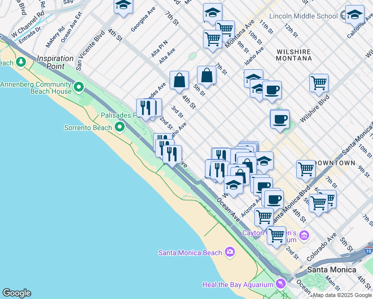 map of restaurants, bars, coffee shops, grocery stores, and more near 950 2nd Street in Santa Monica
