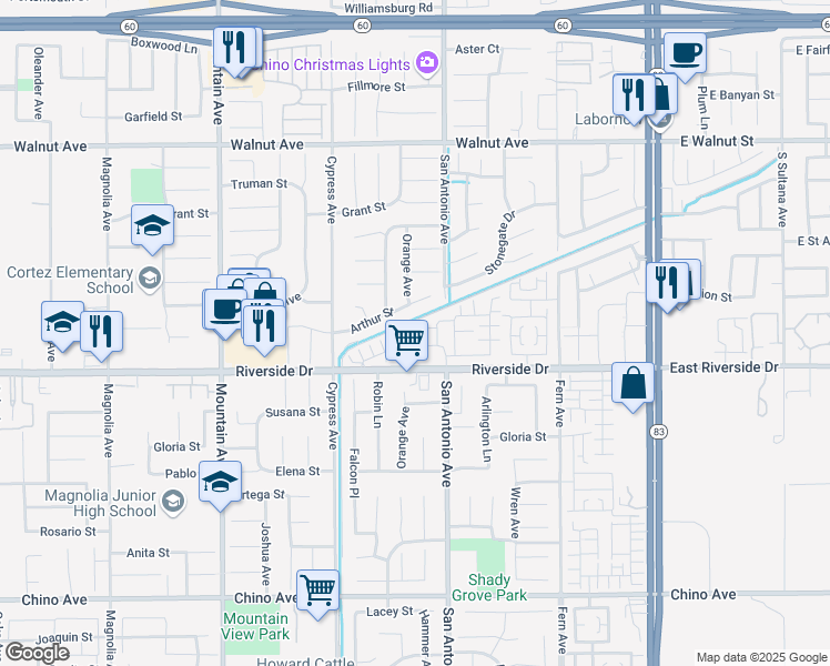 map of restaurants, bars, coffee shops, grocery stores, and more near 6650 Mogano Drive in Chino