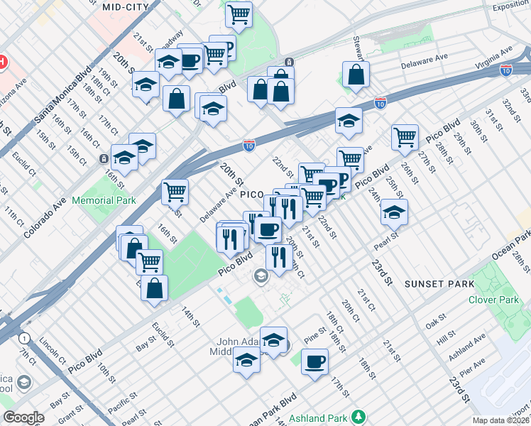 map of restaurants, bars, coffee shops, grocery stores, and more near 2002 20th Street in Santa Monica