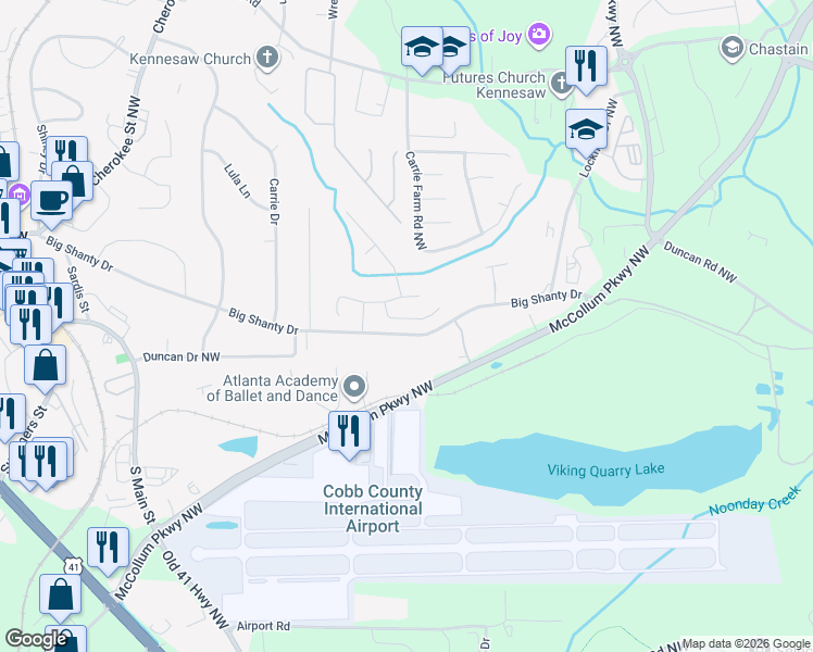 map of restaurants, bars, coffee shops, grocery stores, and more near 1617 Vinebrook Terrace in Kennesaw