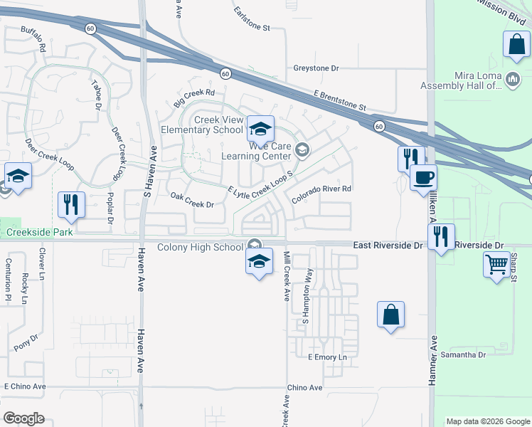map of restaurants, bars, coffee shops, grocery stores, and more near 2906 Snow Creek Lane in Ontario