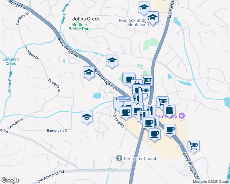 map of restaurants, bars, coffee shops, grocery stores, and more near 5654 Lawley Road in Alpharetta